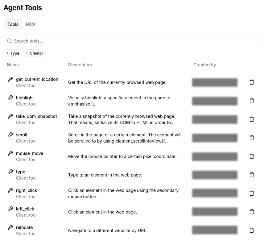 Screenshot of the ElevenLabs Agent platform tools tab