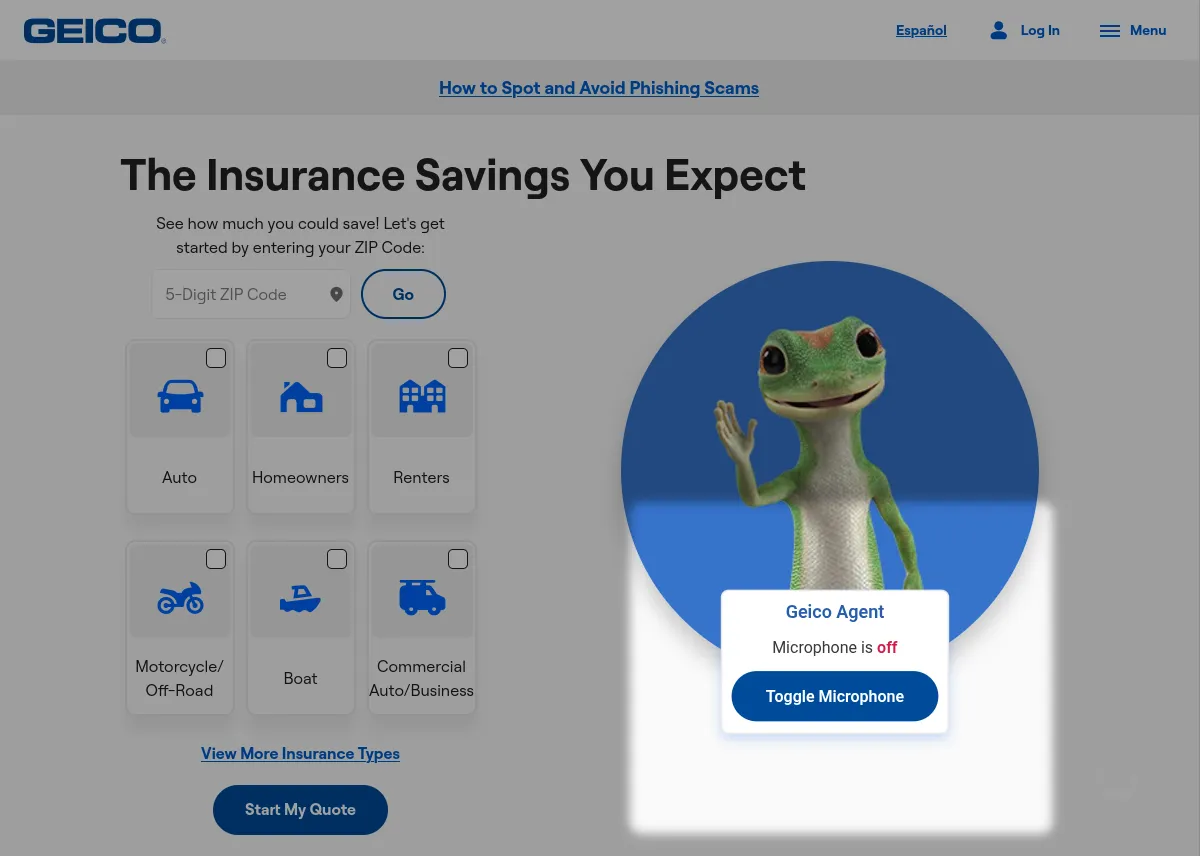 Screenshot of the example agent Extension for the Geico homepage