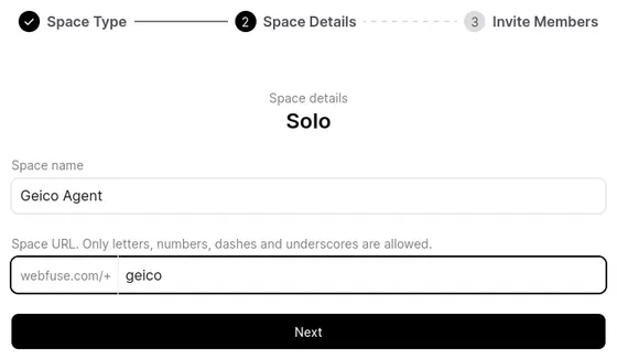 Screenshot of the Webfuse Studio Space name configuration page
